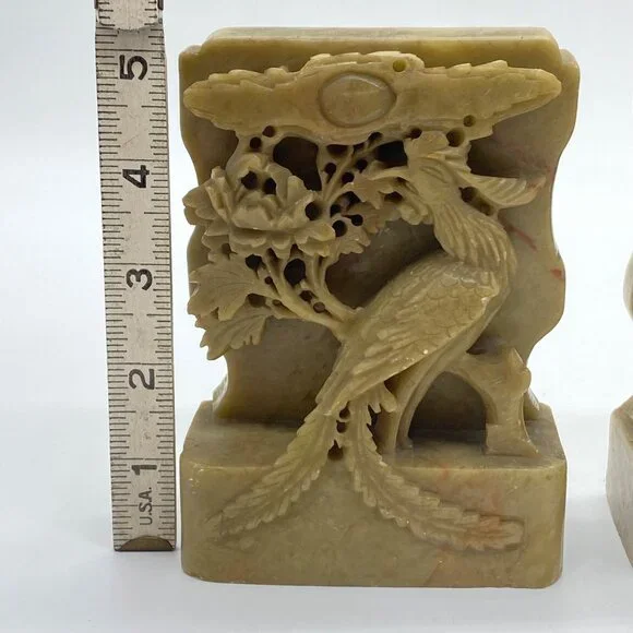 Vintage Pair of Hand-Carved Green Soapstone Bookends Phoenix Bird Lotus Flower - Picture 16 of 16